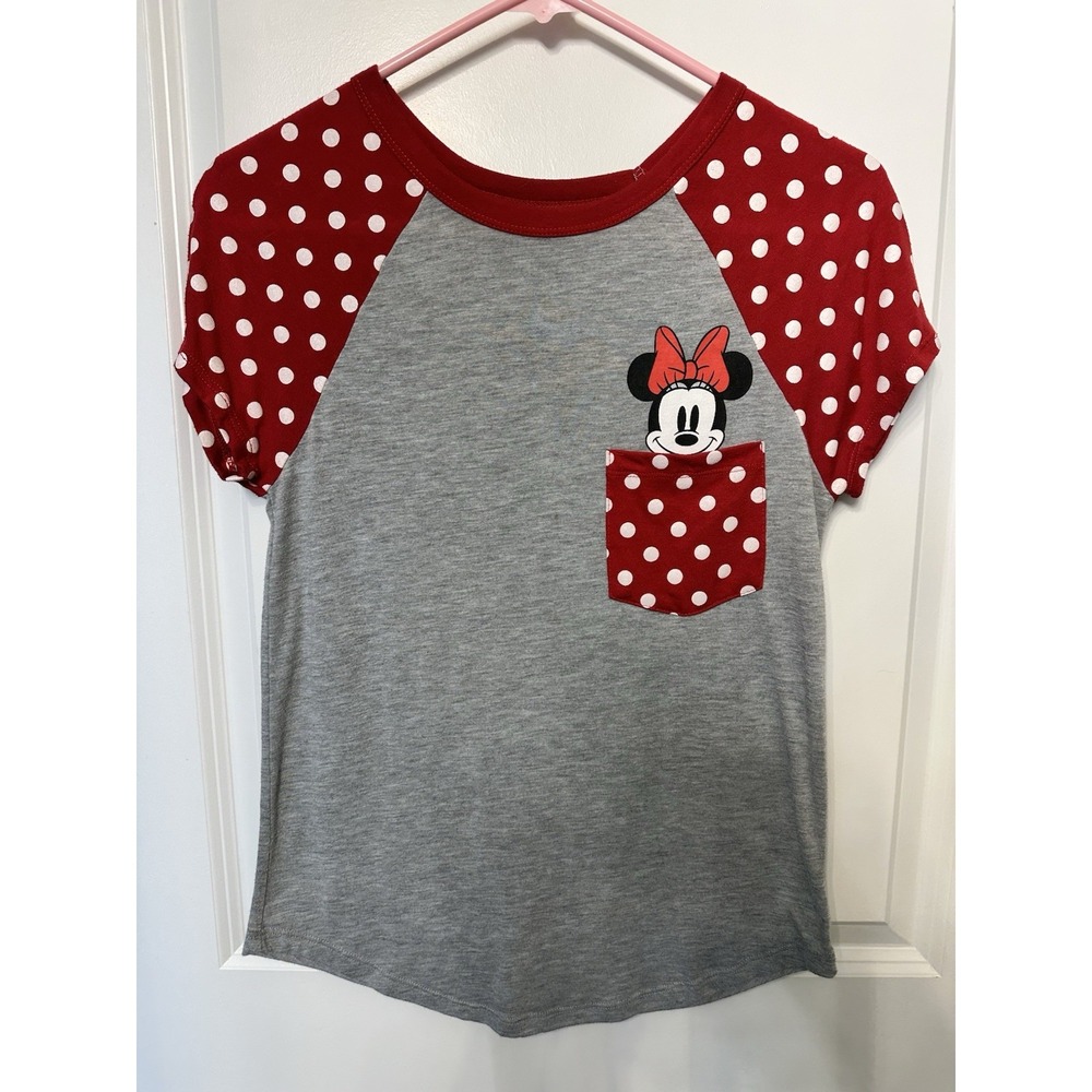 Disney Minnie Mouse In Pocket Women/Juniors T-Shirt Size S‎ Gray/Red Polka Dots